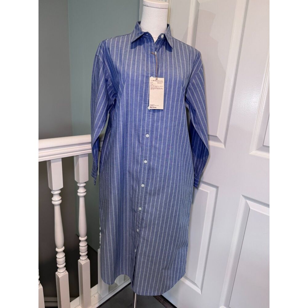 MUJI Women's Shirt Dress S Navy Stripe Organic Cotton Long Sleeve Collared NWT